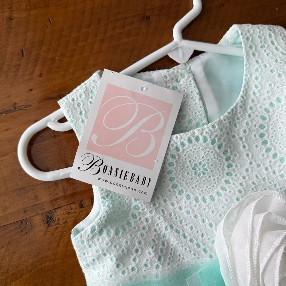 Bonnie Baby Spring/ Summer White and Aqua Formal Toddler Dress, 24 months, NWT’s